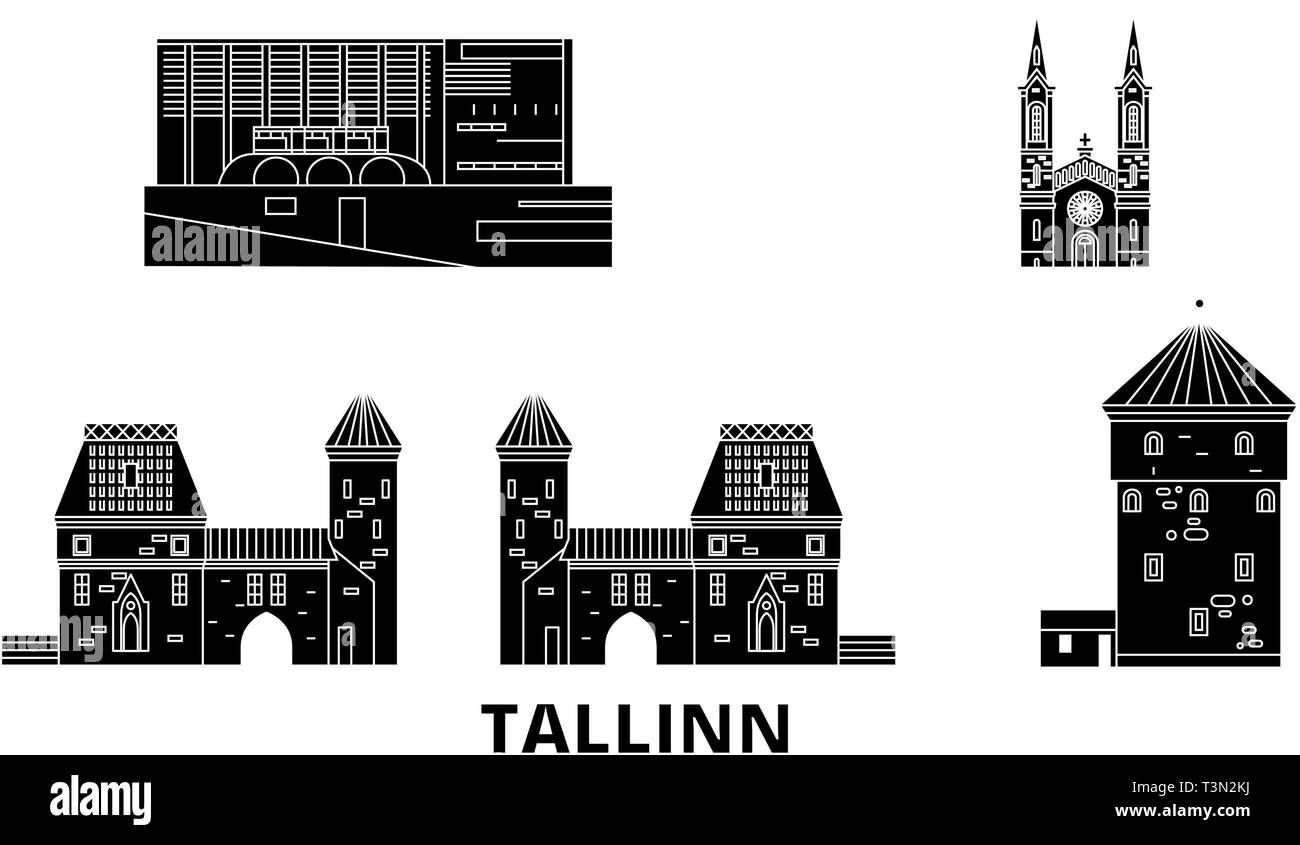 Estonia, Tallinn flat travel skyline set. Estonia, Tallinn black city vector illustration, symbol, travel sights, landmarks. Stock Vector