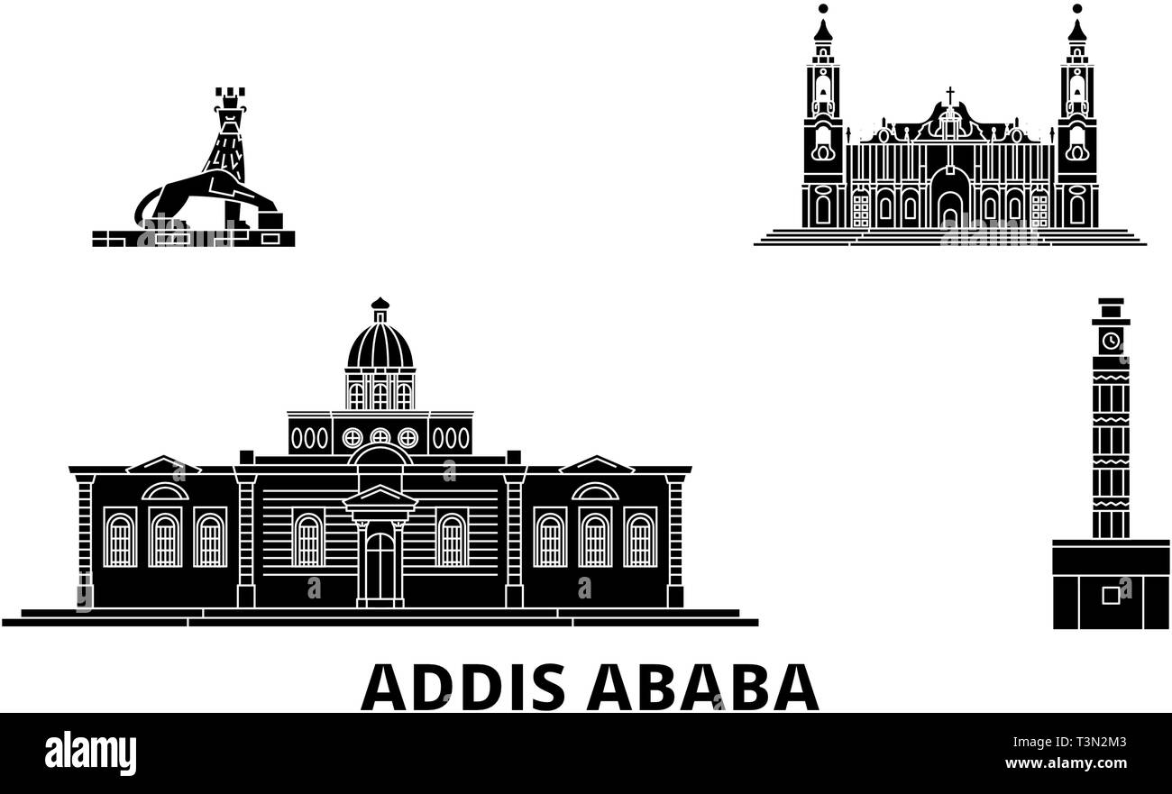 Ethiopia, Addis Ababa flat travel skyline set. Ethiopia, Addis Ababa black city vector illustration, symbol, travel sights, landmarks. Stock Vector