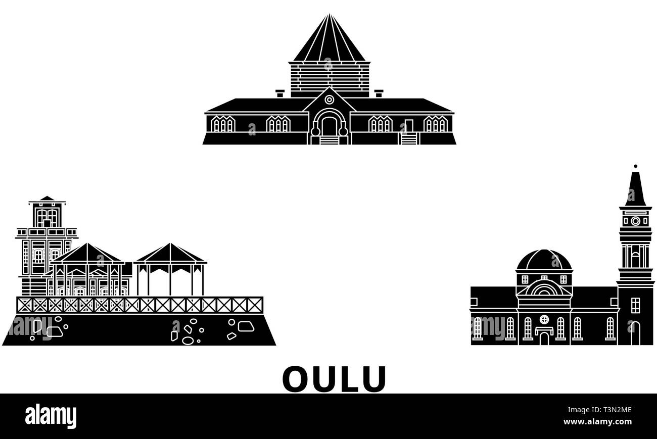Finland, Oulu flat travel skyline set. Finland, Oulu black city vector illustration, symbol, travel sights, landmarks. Stock Vector