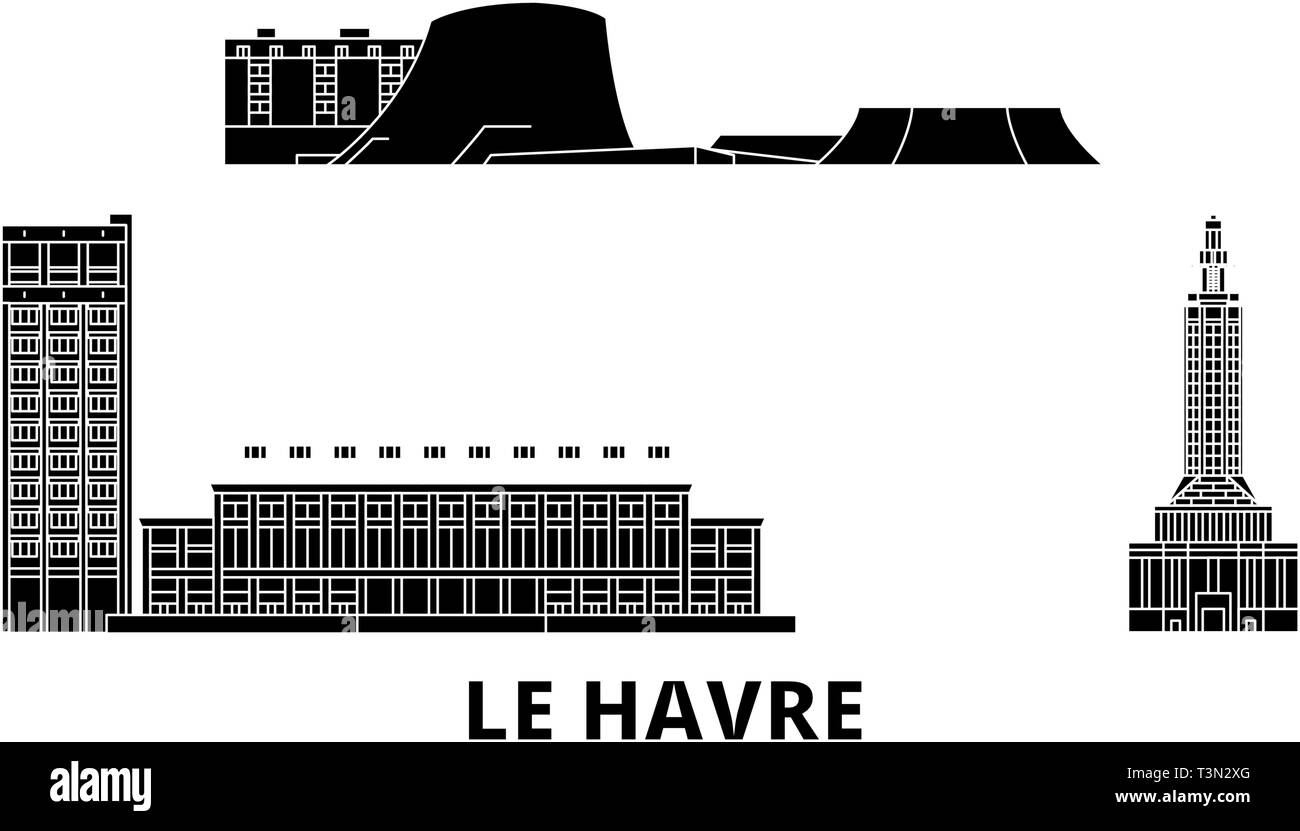 France, Le Havre flat travel skyline set. France, Le Havre black city vector illustration, symbol, travel sights, landmarks. Stock Vector