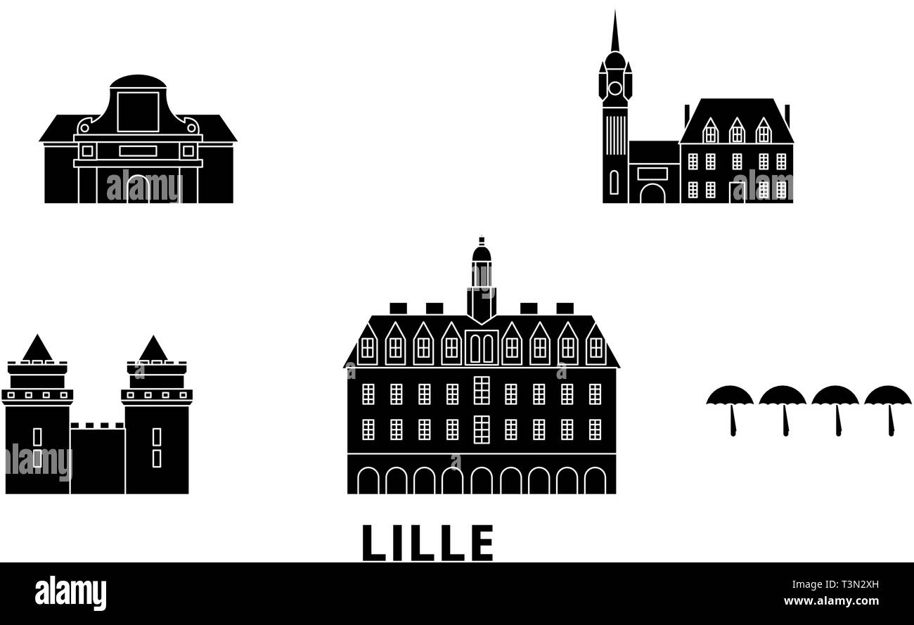 France, Lille flat travel skyline set. France, Lille black city vector illustration, symbol, travel sights, landmarks. Stock Vector