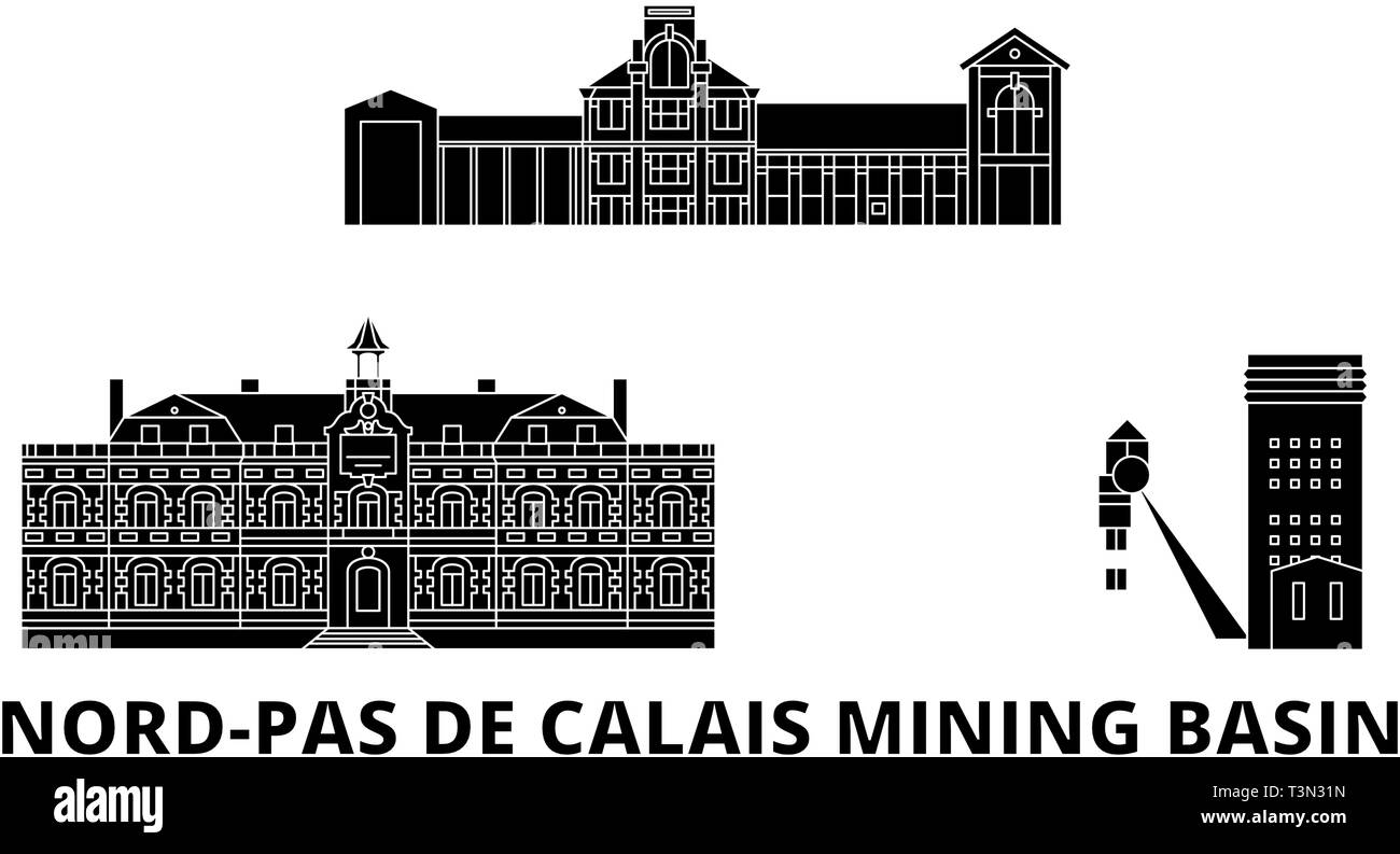 France, Nord Pas De Calais Mining Basin flat travel skyline set. France, Nord Pas De Calais Mining Basin black city vector illustration, symbol Stock Vector