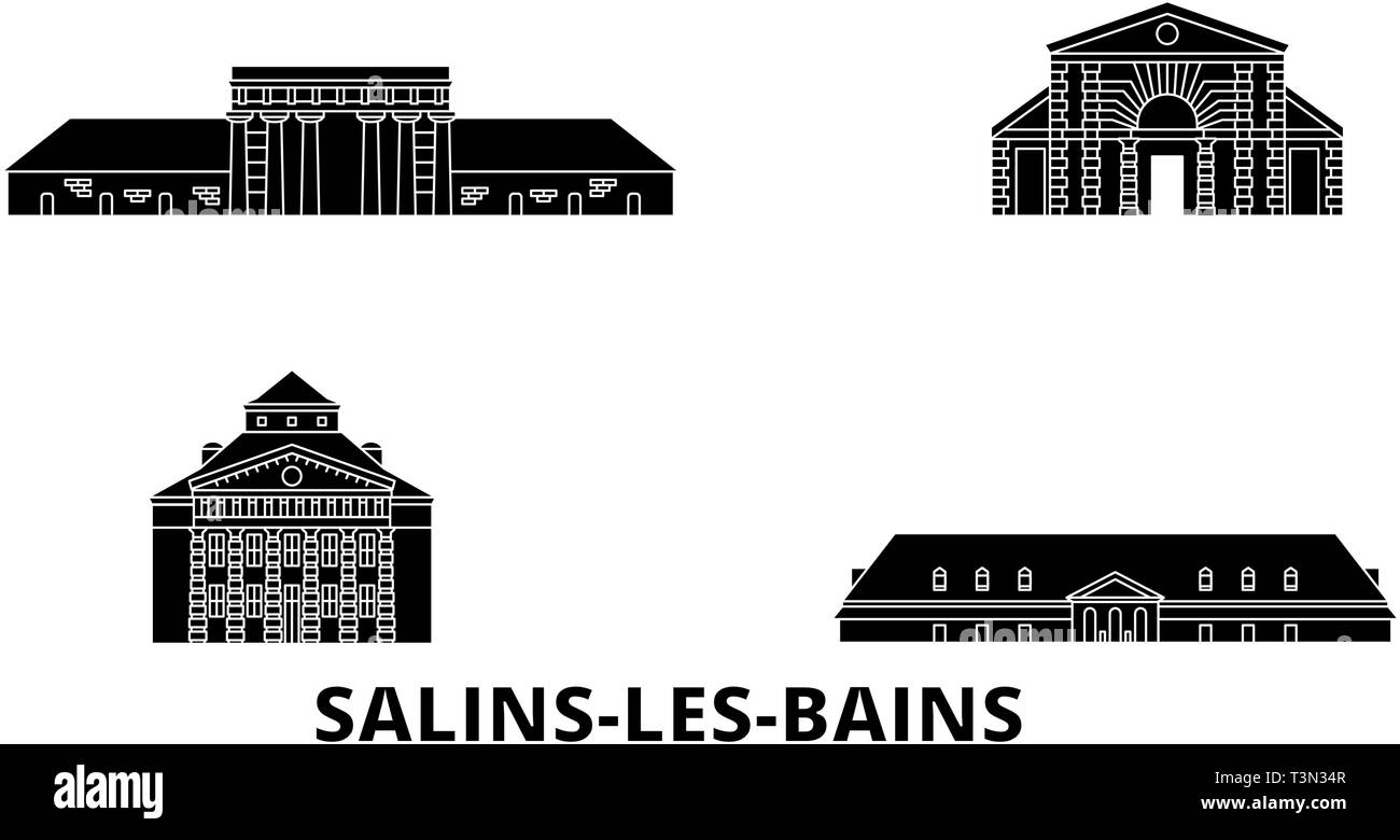 France, Salins Les Bains flat travel skyline set. France, Salins Les Bains black city vector illustration, symbol, travel sights, landmarks. Stock Vector