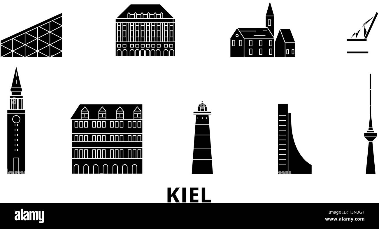 Germany, Kiel flat travel skyline set. Germany, Kiel black city vector