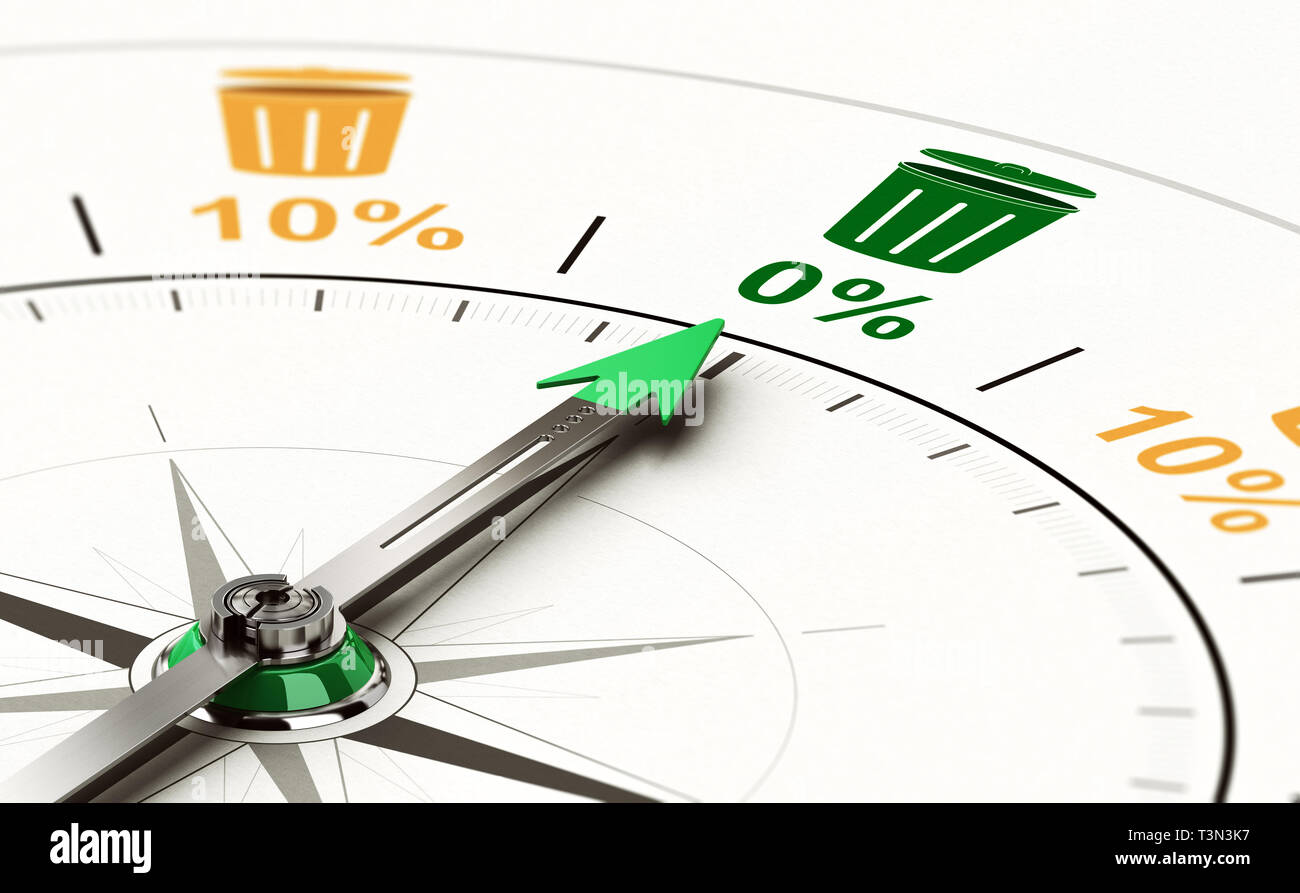 3D illustration of a conceptual compass with needle pointing a zero percent waste objective Stock Photo