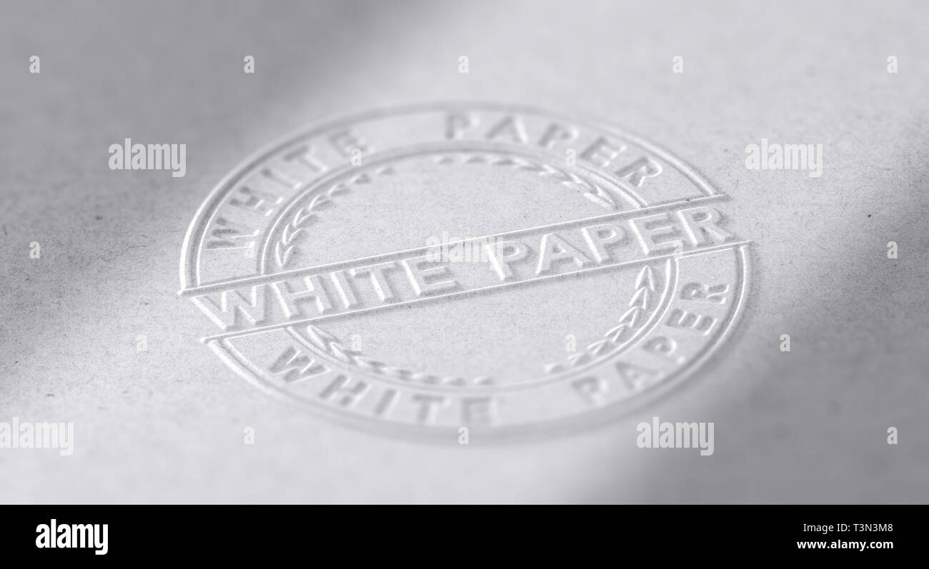 3D illustration of an embosed stamp with the text white paper. Stock Photo