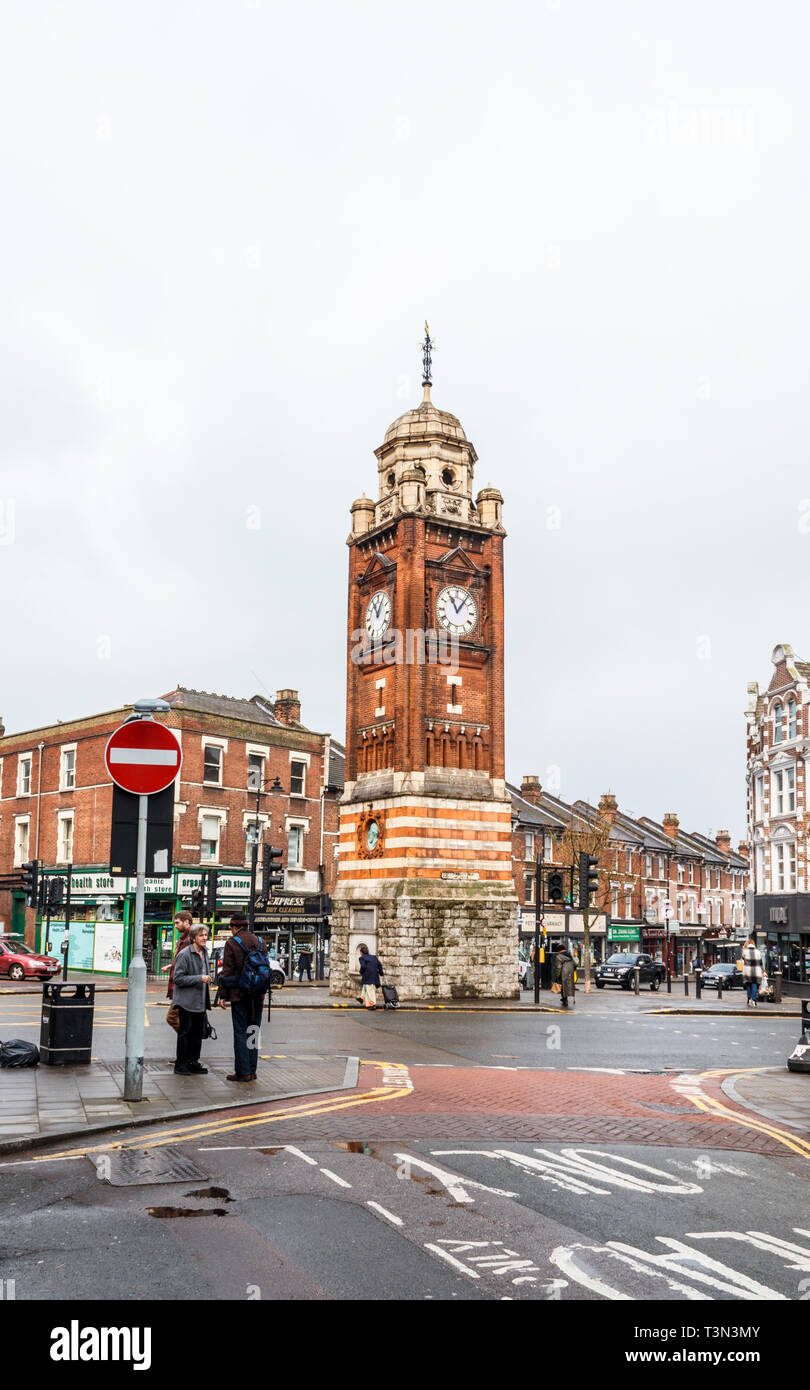 The Clock Tower in Crouch End, London, UK, erected in 1895 in 'appreciation and recognition of the public services' of Henry Reader Williams (1822-97) Stock Photo