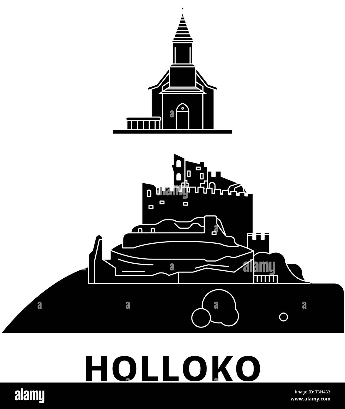 Hungary, Holloko, Old Village flat travel skyline set. Hungary, Holloko, Old Village black city vector illustration, symbol, travel sights, landmarks. Stock Vector