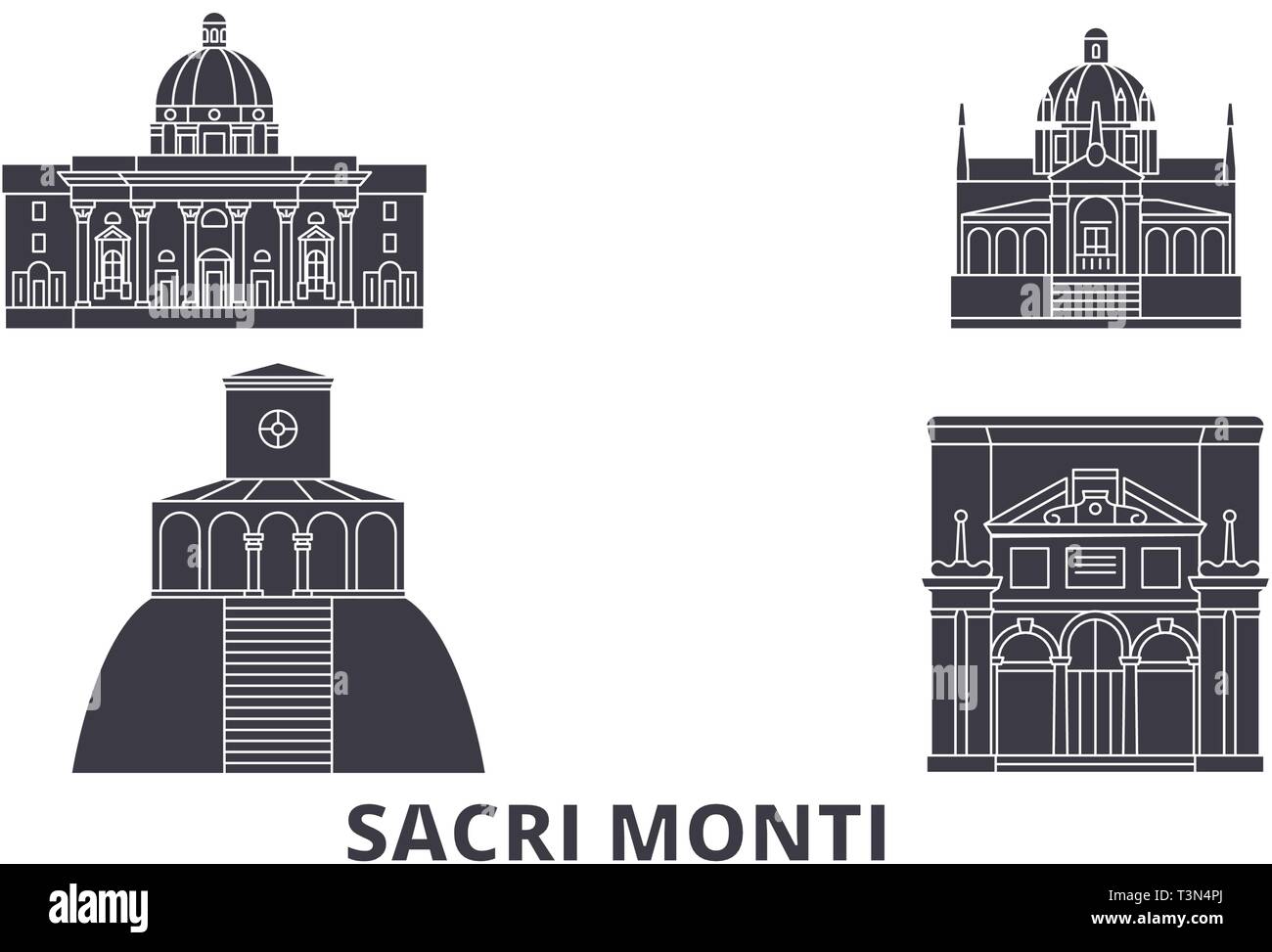 Italy, Piedmont And Lombardy, Sacri Monti flat travel skyline set. Italy, Piedmont And Lombardy, Sacri Monti black city vector illustration, symbol Stock Vector