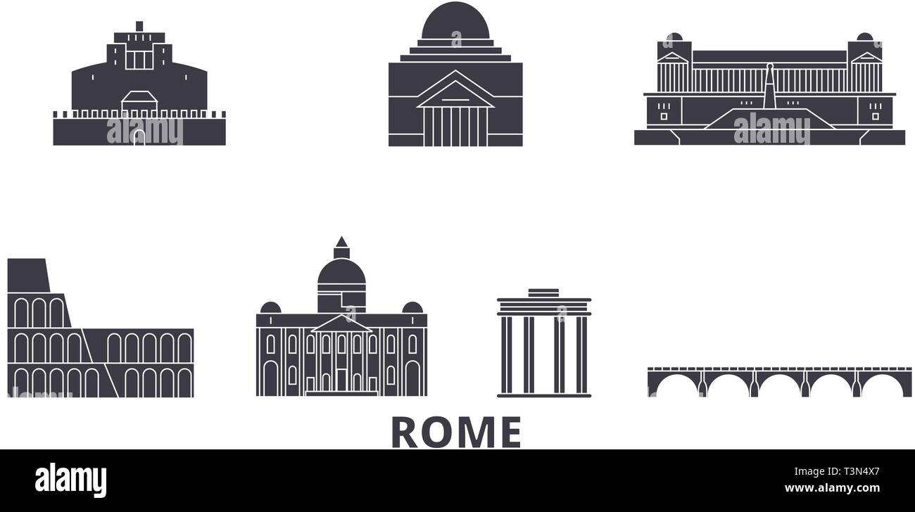 Italy, Rome City flat travel skyline set. Italy, Rome City black city vector illustration, symbol, travel sights, landmarks. Stock Vector