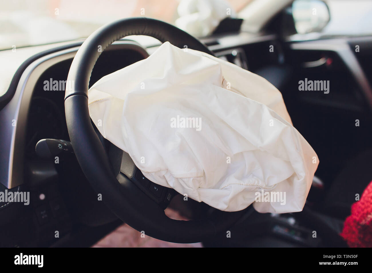 Interior of a automobile or car involved in a vehicle crash with a