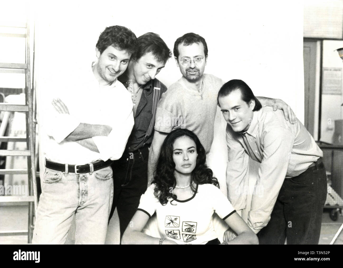 Italian actors Leonardo Pieraccioni, Massimo Ceccherini, Rocco Papaleo, Gianmarco Tognazzi, and Maria Grazia Cucinotta in the movie I Laureati, 1990s Stock Photo