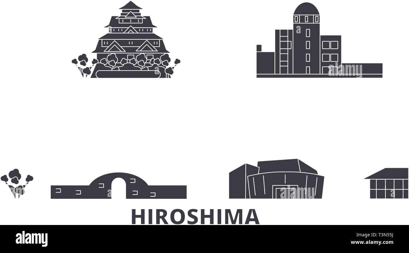 Japan, Hiroshima flat travel skyline set. Japan, Hiroshima black city vector illustration, symbol, travel sights, landmarks. Stock Vector