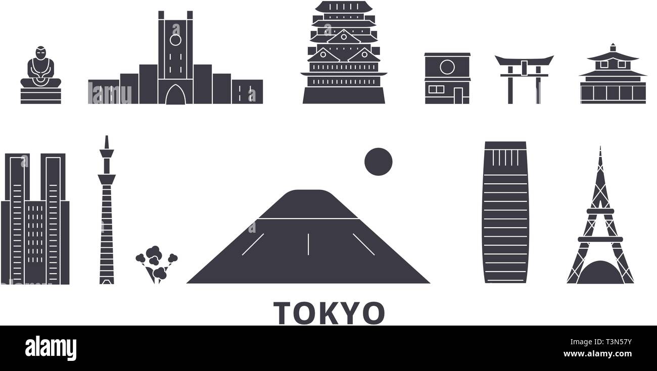 Japan, Tokyo flat travel skyline set. Japan, Tokyo black city vector illustration, symbol, travel sights, landmarks. Stock Vector