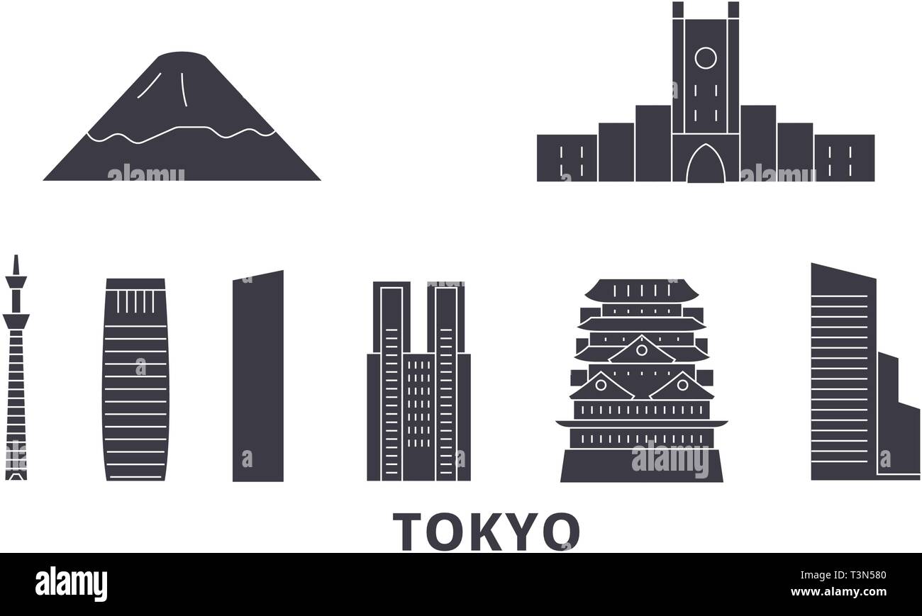 Japan, Tokyo City flat travel skyline set. Japan, Tokyo City black city vector illustration, symbol, travel sights, landmarks. Stock Vector