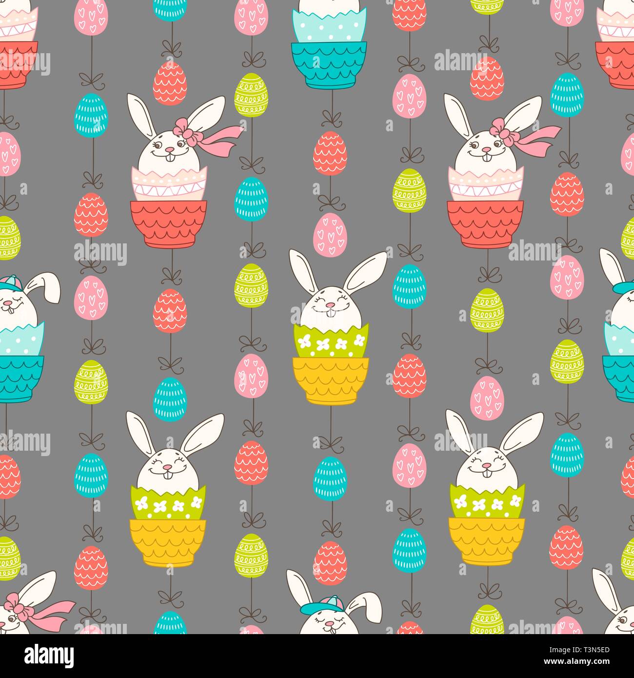 Hand drawn colorful Easter eggs and bunny in doodle style. Vector ...