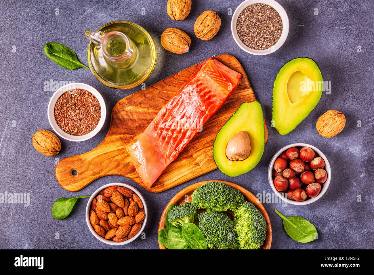 Animal and vegetable sources of omega3 acids. Balanced diet concept