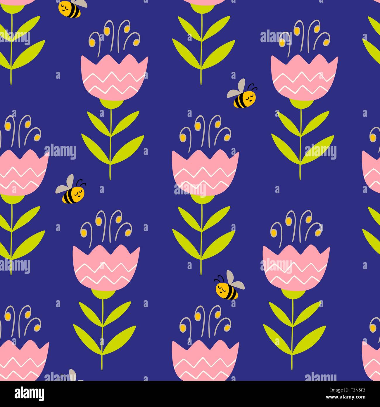 vector seamless pattern with hand drawn flowers and bees. Colorful ...