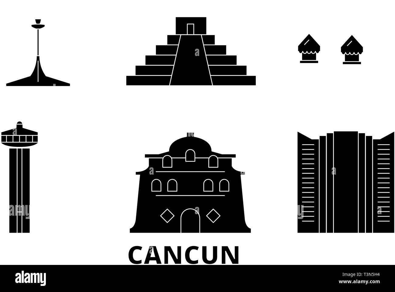 Mexico, Cancun flat travel skyline set. Mexico, Cancun black city vector illustration, symbol, travel sights, landmarks. Stock Vector