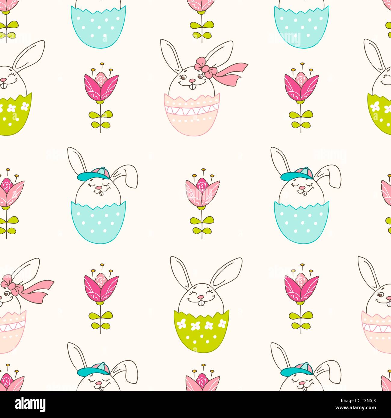 Hand drawn colorful Easter eggs, bunny and blooming flowers in doodle ...