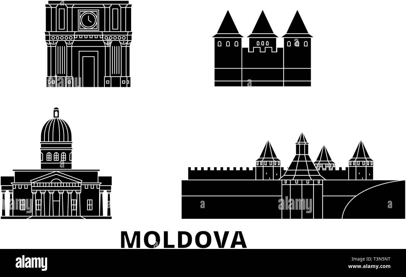 Moldova flat travel skyline set. Moldova black city vector illustration, symbol, travel sights, landmarks. Stock Vector