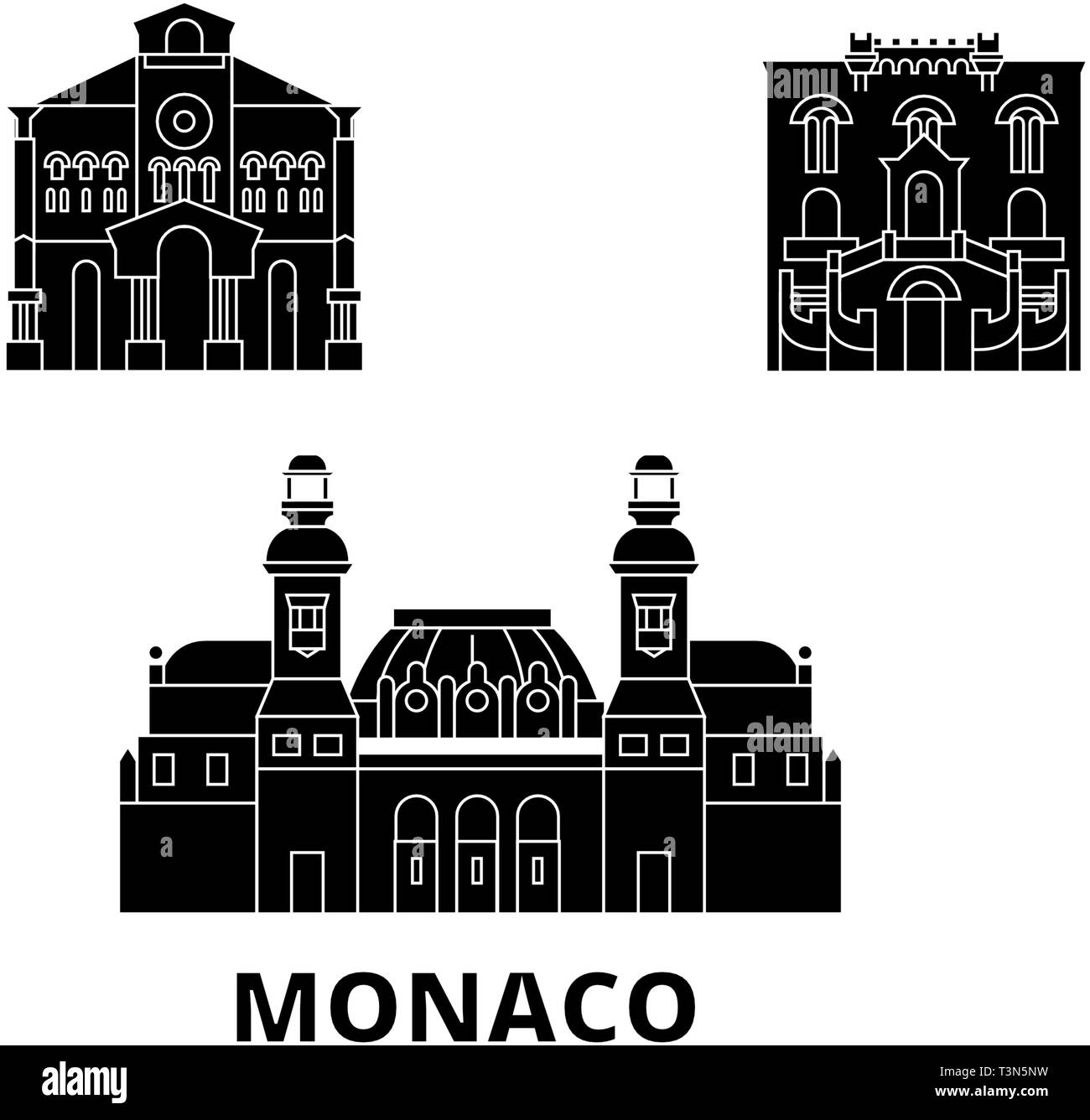 Monaco flat travel skyline set. Monaco black city vector illustration, symbol, travel sights, landmarks. Stock Vector