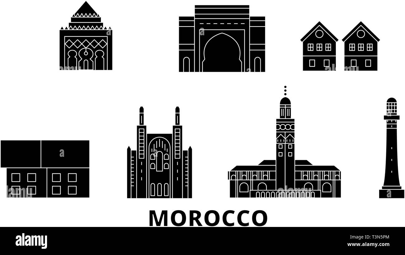 Morocco flat travel skyline set. Morocco black city vector illustration, symbol, travel sights, landmarks. Stock Vector
