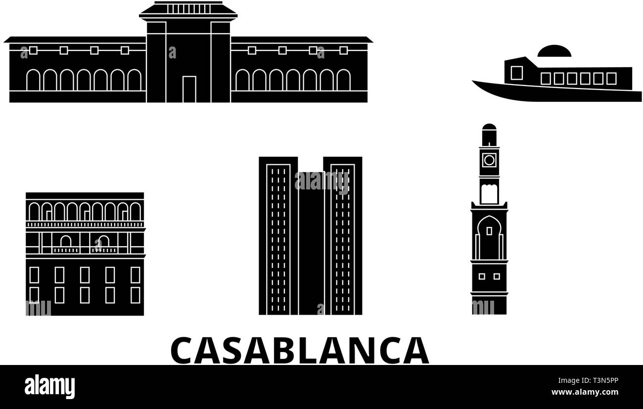 Morocco, Casablanca flat travel skyline set. Morocco, Casablanca black city vector illustration, symbol, travel sights, landmarks. Stock Vector