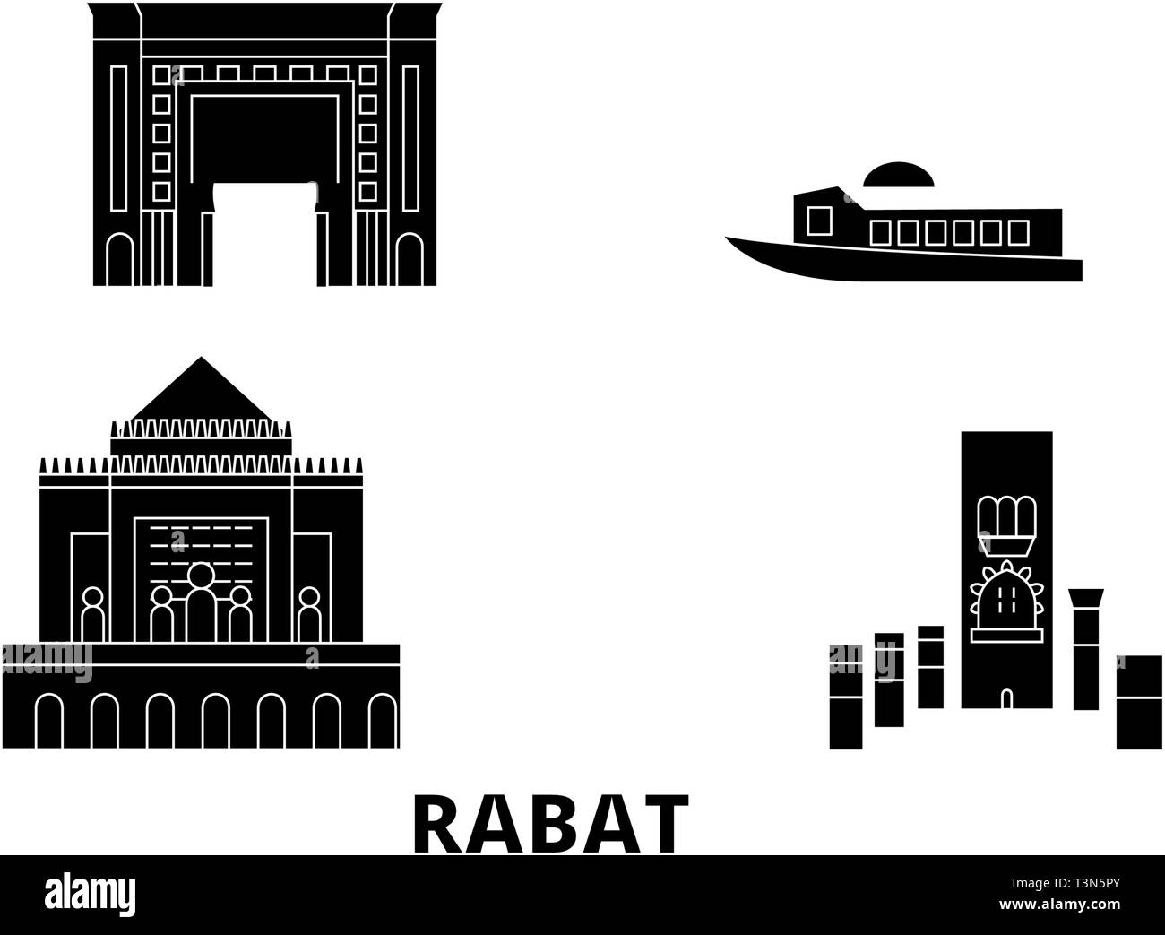 Morocco, Rabat flat travel skyline set. Morocco, Rabat black city vector illustration, symbol, travel sights, landmarks. Stock Vector
