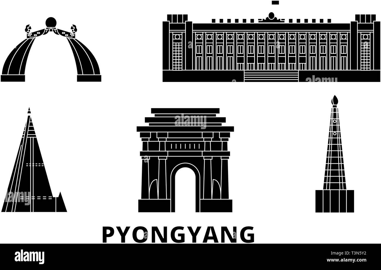 North Korea, Pyongyang flat travel skyline set. North Korea, Pyongyang black city vector illustration, symbol, travel sights, landmarks. Stock Vector