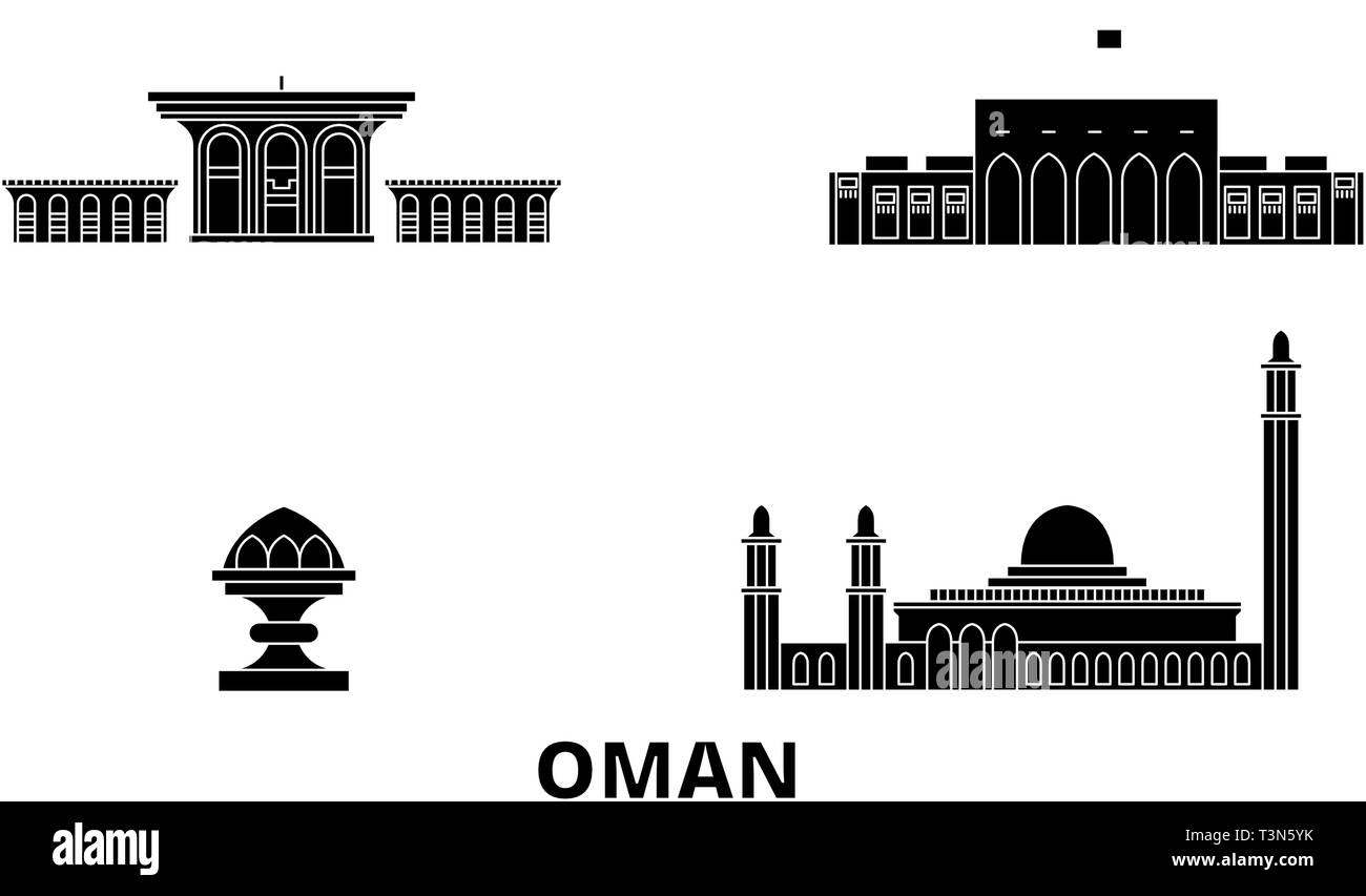 Oman, Muscat flat travel skyline set. Oman, Muscat black city vector illustration, symbol, travel sights, landmarks. Stock Vector