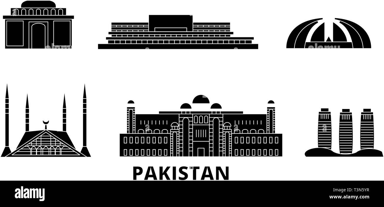 Pakistan, Islamabad flat travel skyline set. Pakistan, Islamabad black city vector illustration, symbol, travel sights, landmarks. Stock Vector