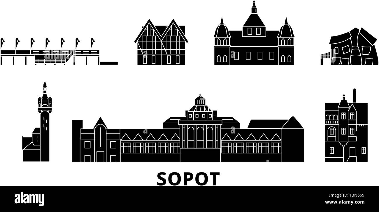 Poland, Sopot flat travel skyline set. Poland, Sopot black city vector illustration, symbol, travel sights, landmarks. Stock Vector
