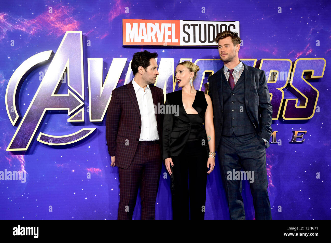 Paul Rudd (left), Scarlett Johansson and Chris Hemsworth attending the Avengers: Endgame fan event held at Picturehouse Central, London. Stock Photo