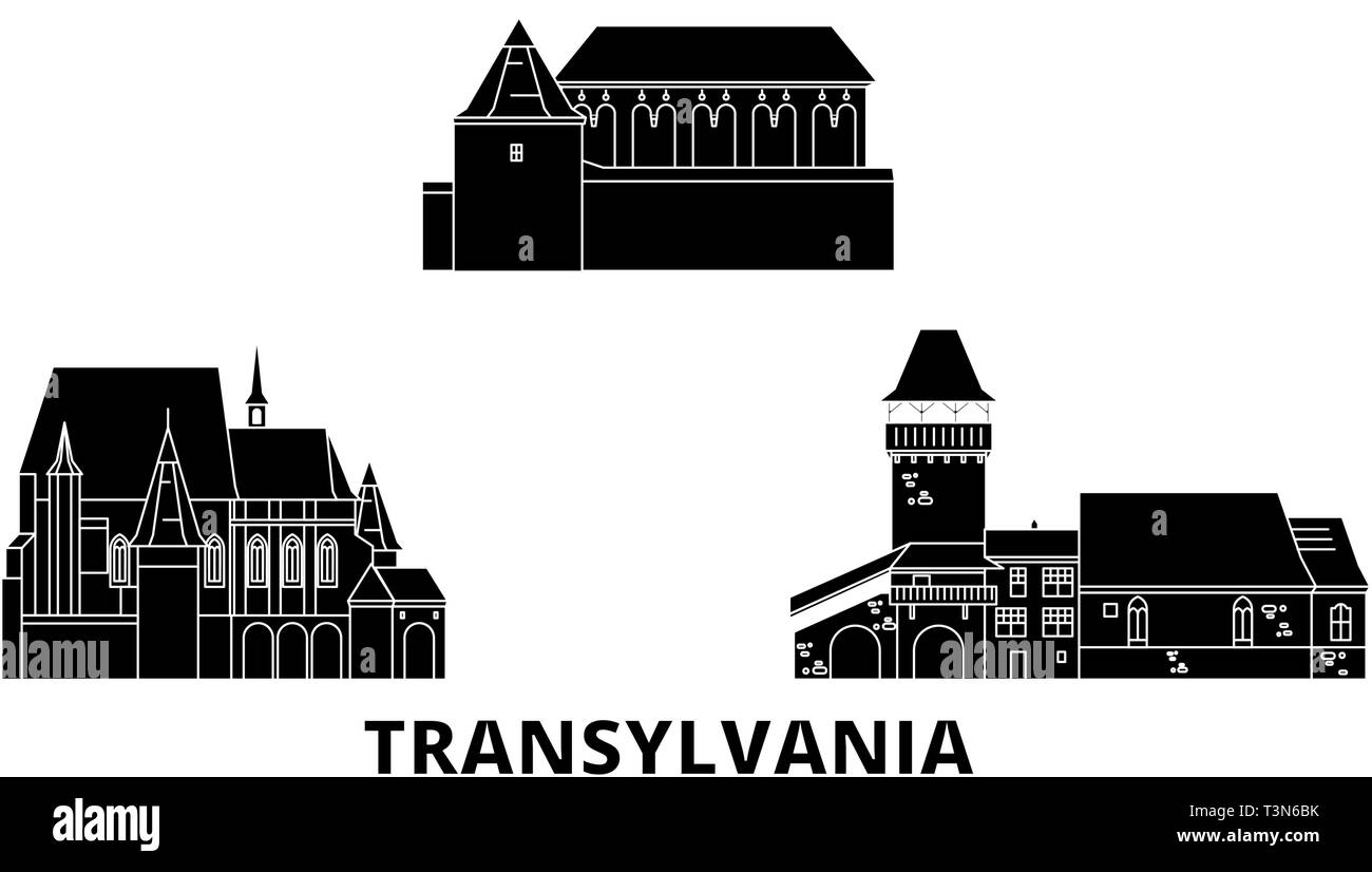 Romania, Transylvania flat travel skyline set. Romania, Transylvania black city vector illustration, symbol, travel sights, landmarks. Stock Vector