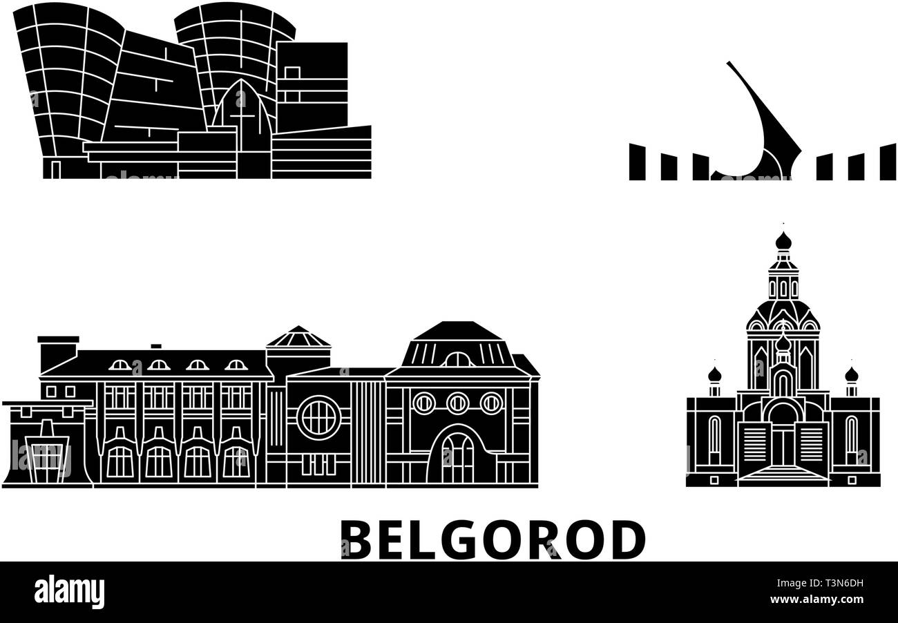 Russia, Belgorod flat travel skyline set. Russia, Belgorod black city vector illustration, symbol, travel sights, landmarks. Stock Vector