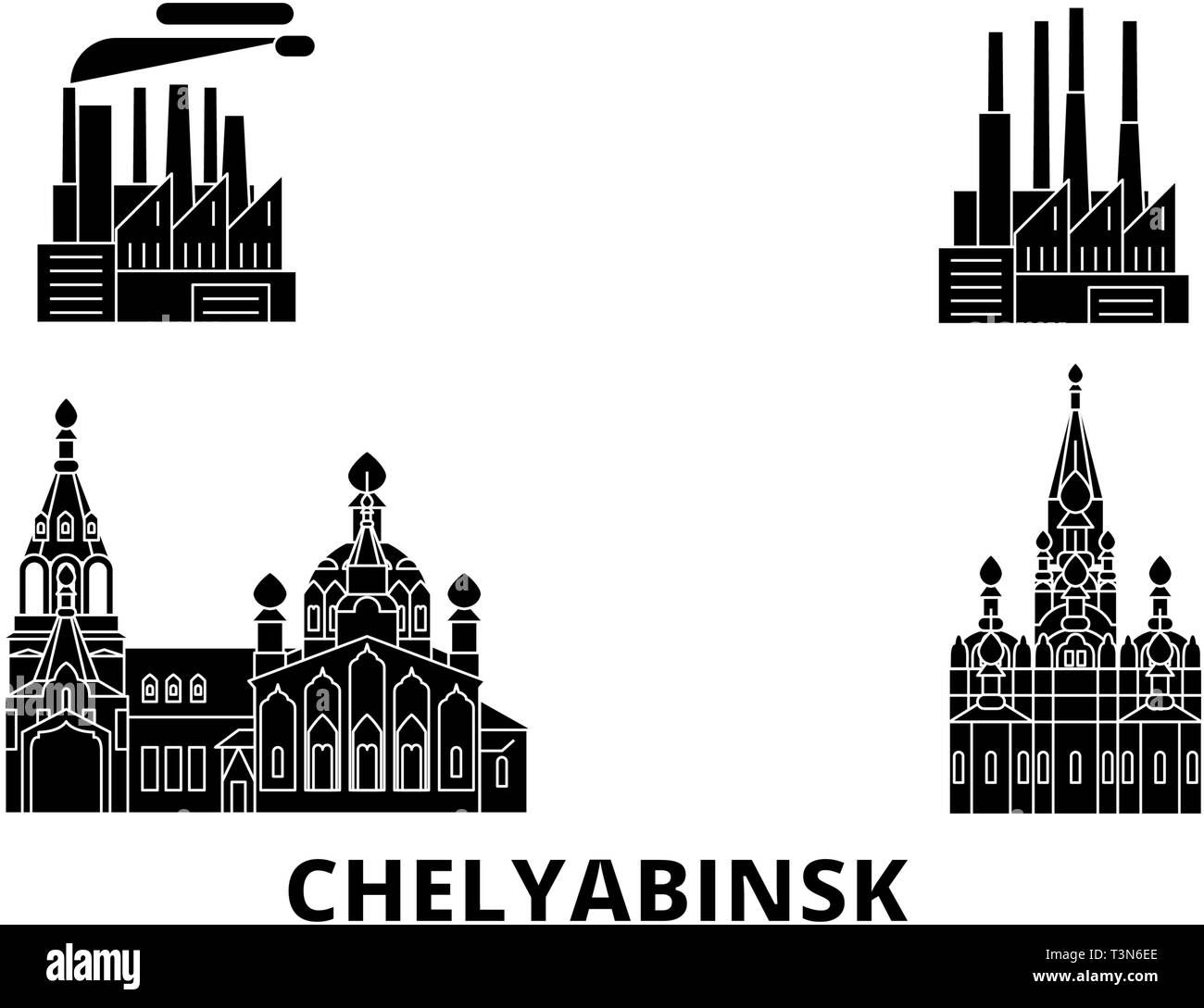 Russia, Chelyabinsk flat travel skyline set. Russia, Chelyabinsk black city vector illustration, symbol, travel sights, landmarks. Stock Vector