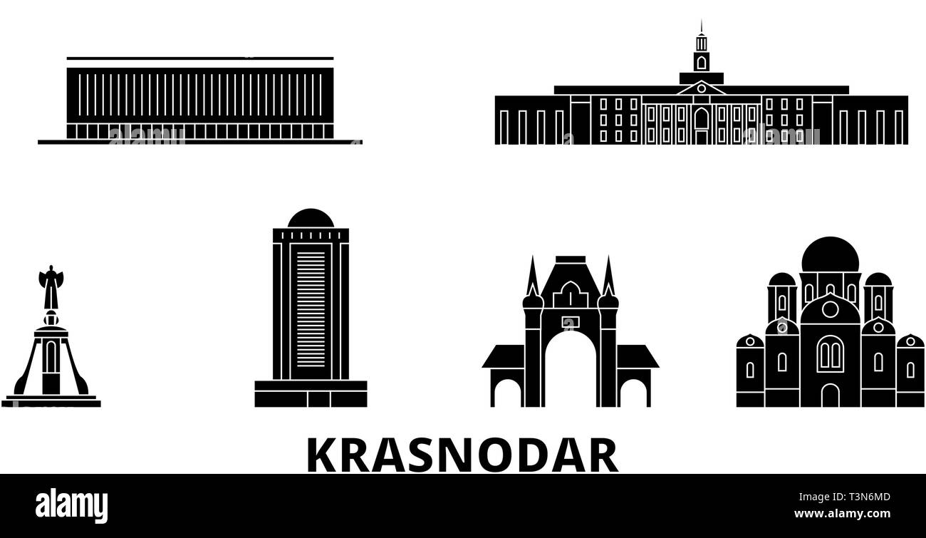 Russia, Kransodar City flat travel skyline set. Russia, Kransodar City black city vector illustration, symbol, travel sights, landmarks. Stock Vector