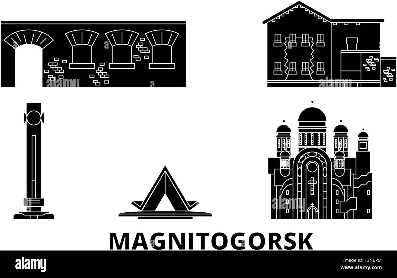 Russia, Magnitogorsk flat travel skyline set. Russia, Magnitogorsk black city vector illustration, symbol, travel sights, landmarks. Stock Vector