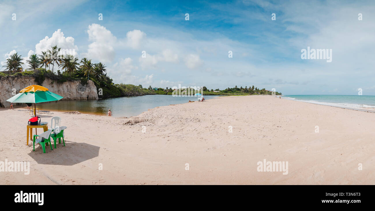 Panoramic view of a lagoon called Maceio in front of the sea separated by a sand bank at Tabatinga beach, Praia de Tabatinga 2, Costa do Conde. Brazil Stock Photo
