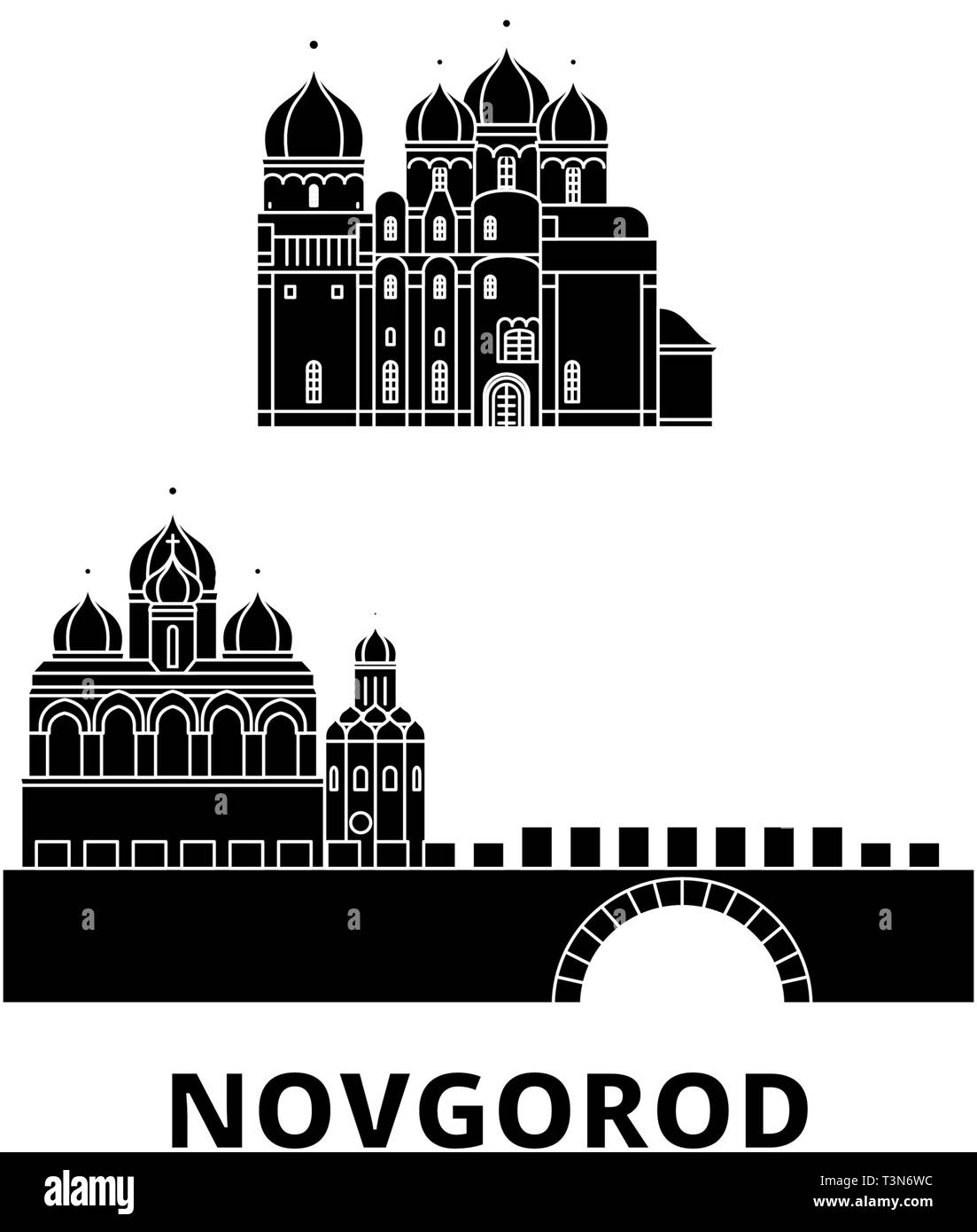 Russia, Novgorod flat travel skyline set. Russia, Novgorod black city vector illustration, symbol, travel sights, landmarks. Stock Vector