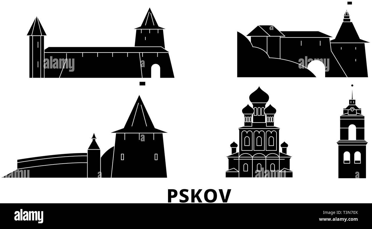 Russia, Pskov flat travel skyline set. Russia, Pskov black city vector ...