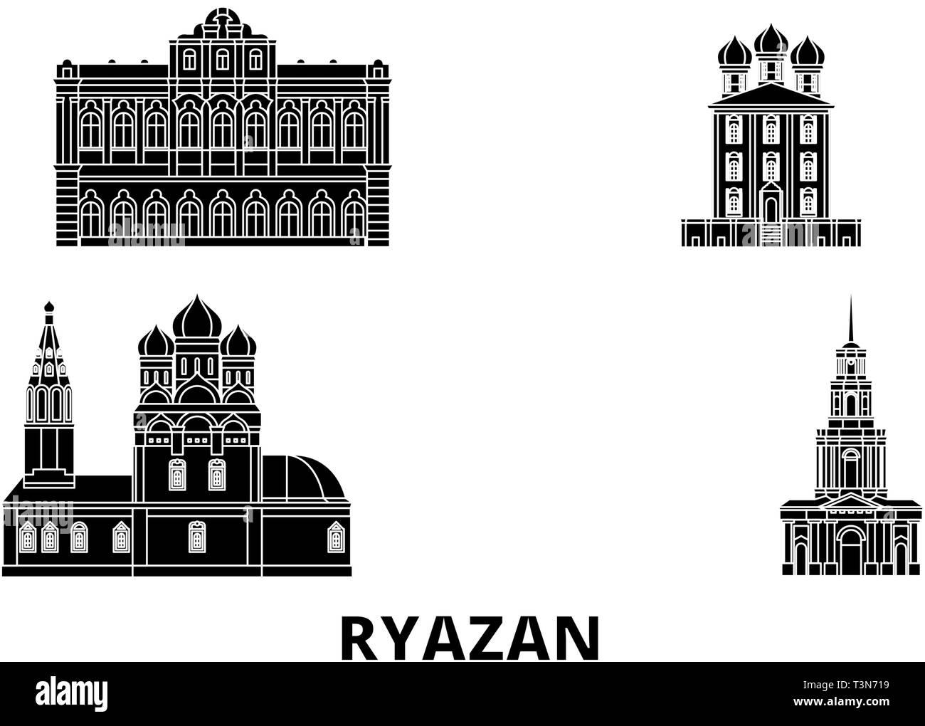 Russia, Ryazan flat travel skyline set. Russia, Ryazan black city vector illustration, symbol, travel sights, landmarks. Stock Vector