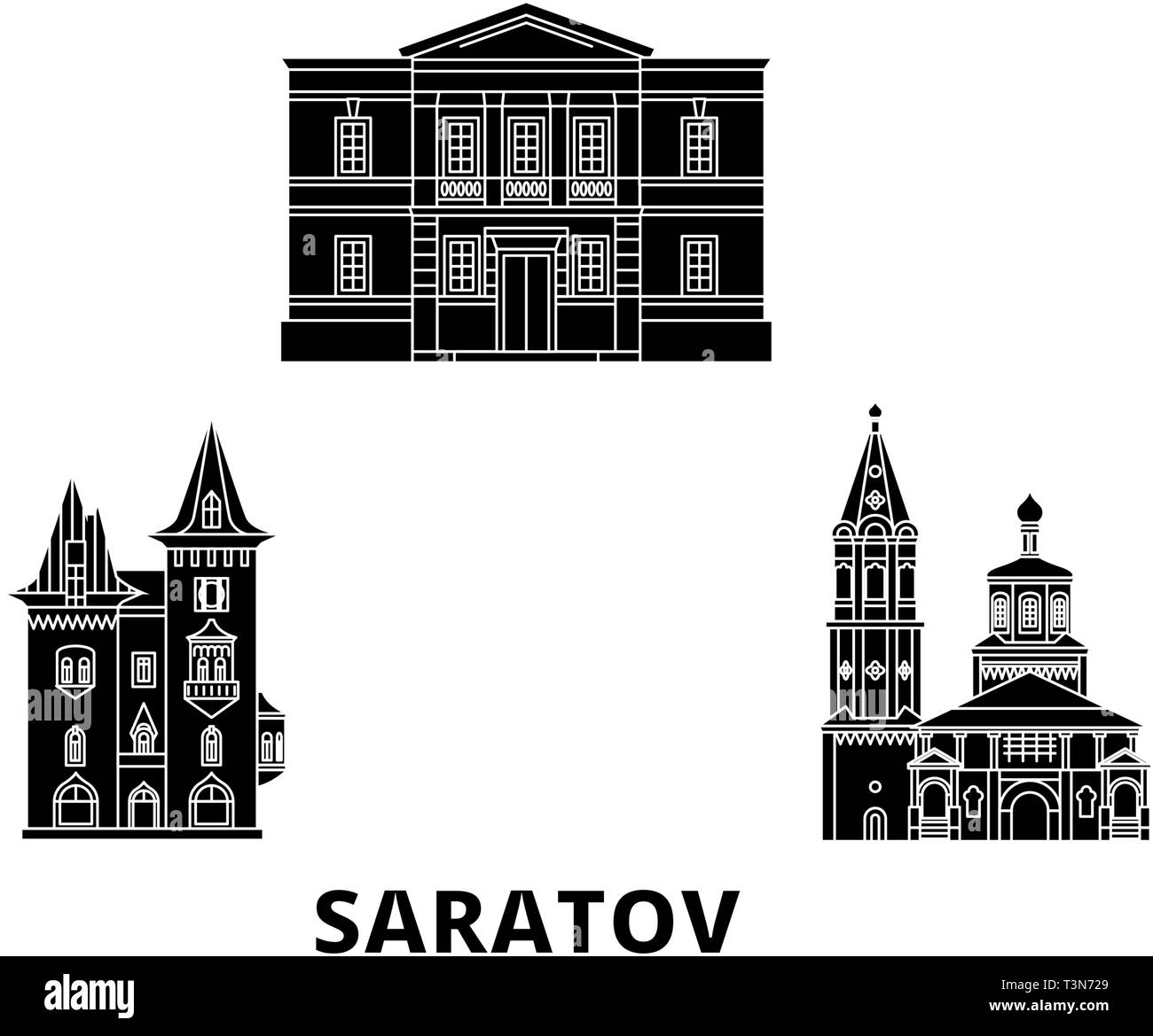 Russia, Saratov flat travel skyline set. Russia, Saratov black city vector illustration, symbol, travel sights, landmarks. Stock Vector