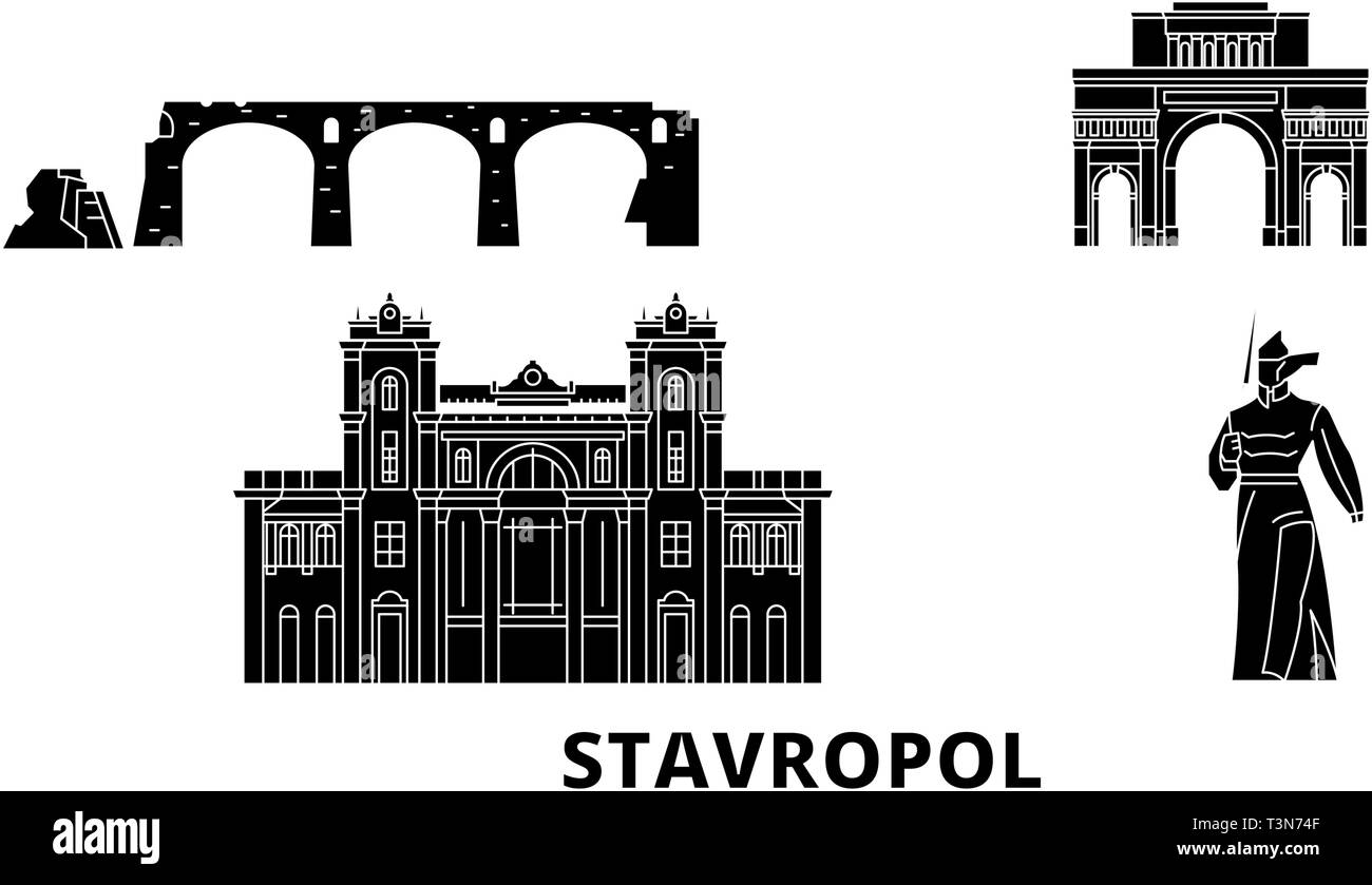 Russia, Stavropol flat travel skyline set. Russia, Stavropol black city vector illustration, symbol, travel sights, landmarks. Stock Vector