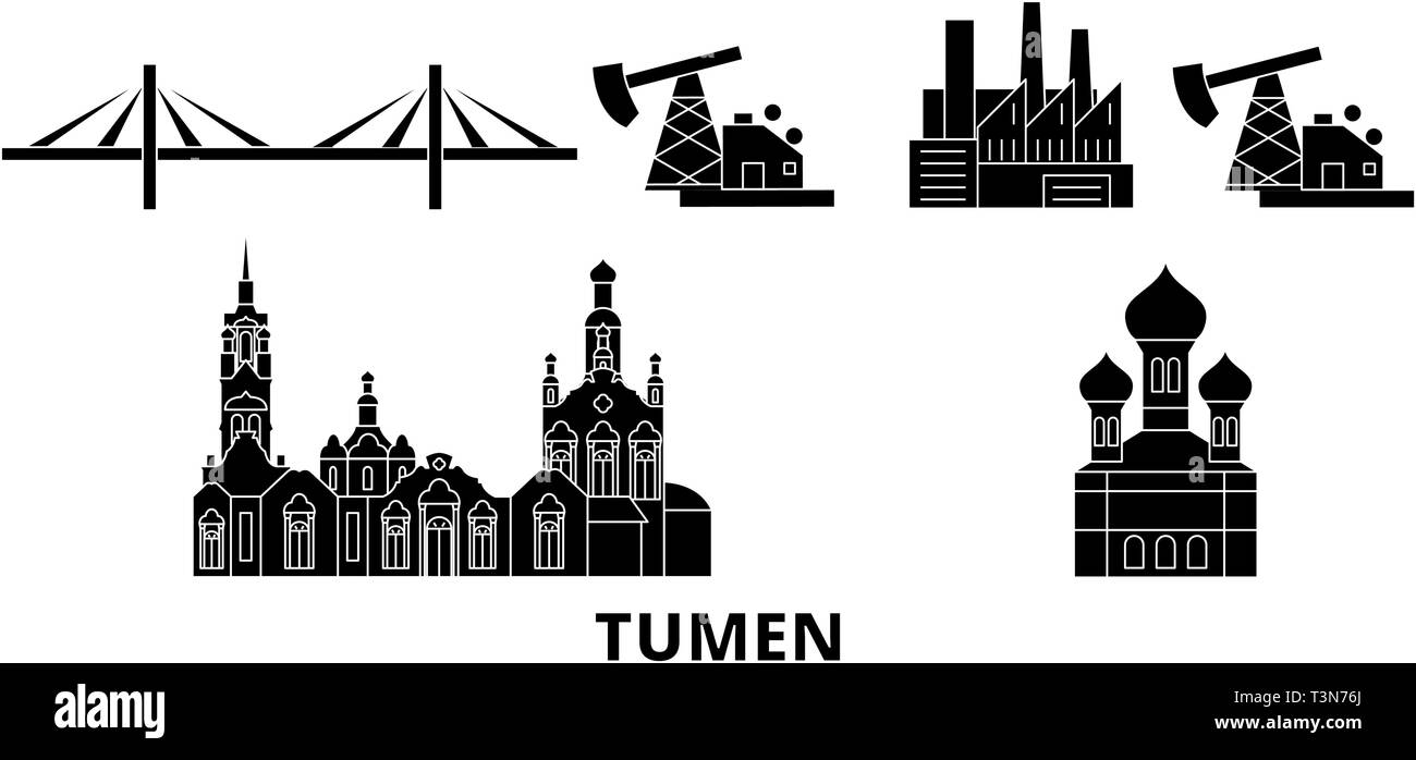 Russia, Tumen flat travel skyline set. Russia, Tumen black city vector illustration, symbol, travel sights, landmarks. Stock Vector