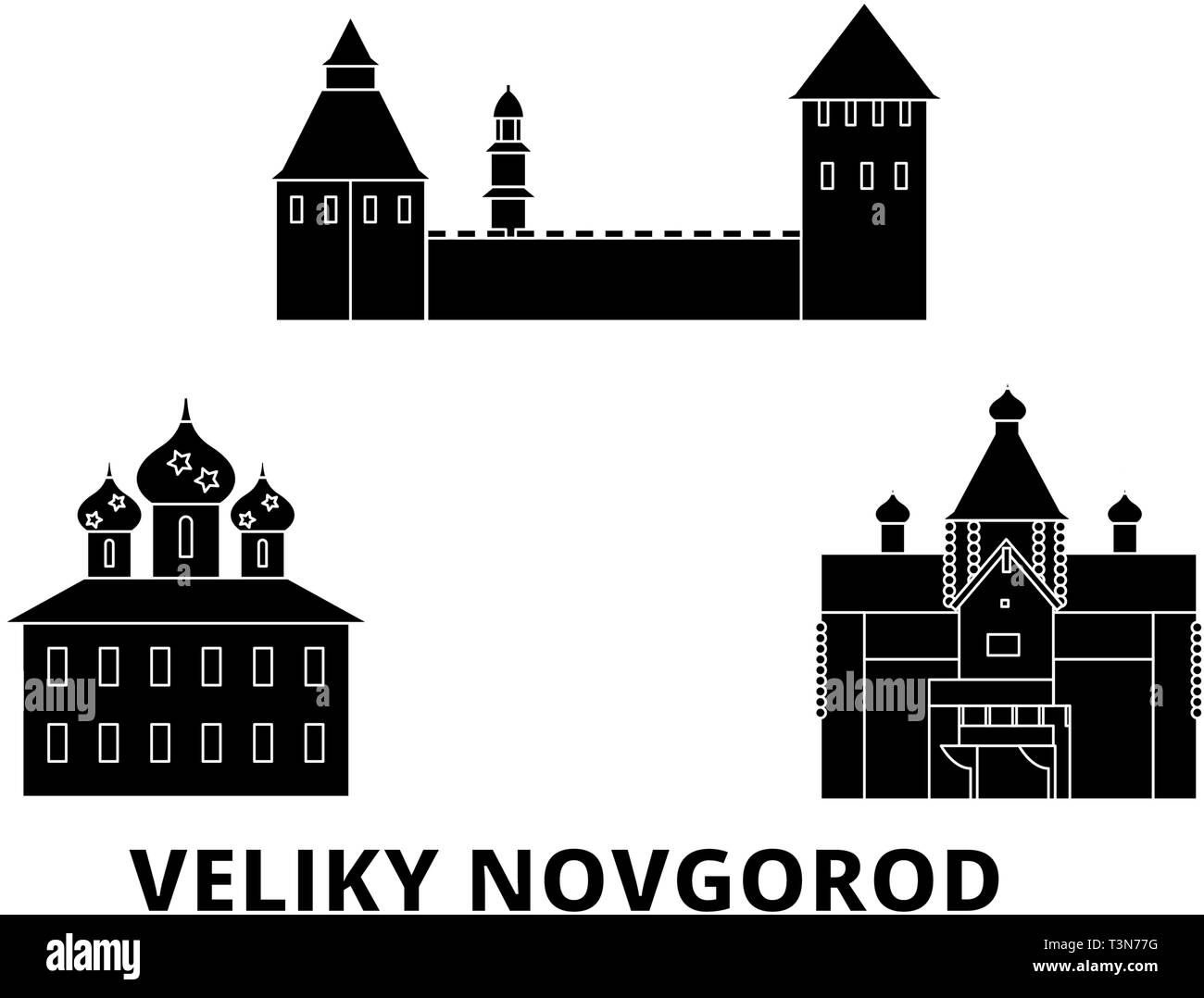 Russia, Veliki Novgorod flat travel skyline set. Russia, Veliki Novgorod black city vector illustration, symbol, travel sights, landmarks. Stock Vector