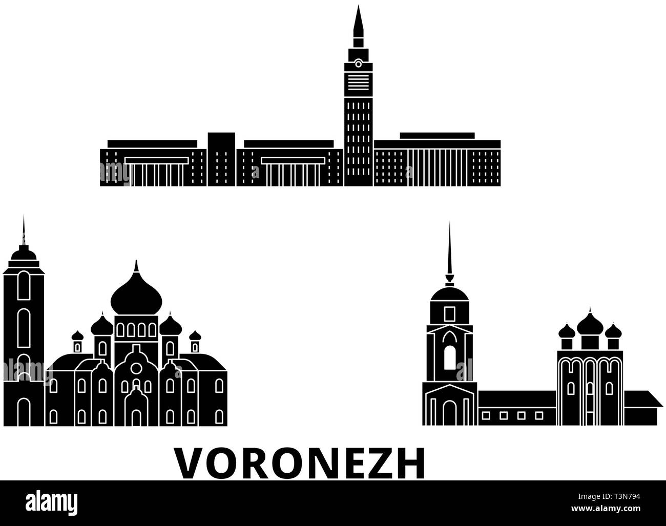 Russia, Voronezh flat travel skyline set. Russia, Voronezh black city vector illustration, symbol, travel sights, landmarks. Stock Vector