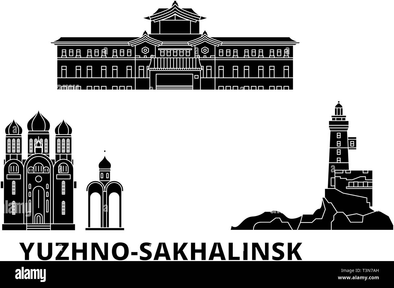 Russia, Yuzhno Sakhalinsk flat travel skyline set. Russia, Yuzhno Sakhalinsk black city vector illustration, symbol, travel sights, landmarks. Stock Vector