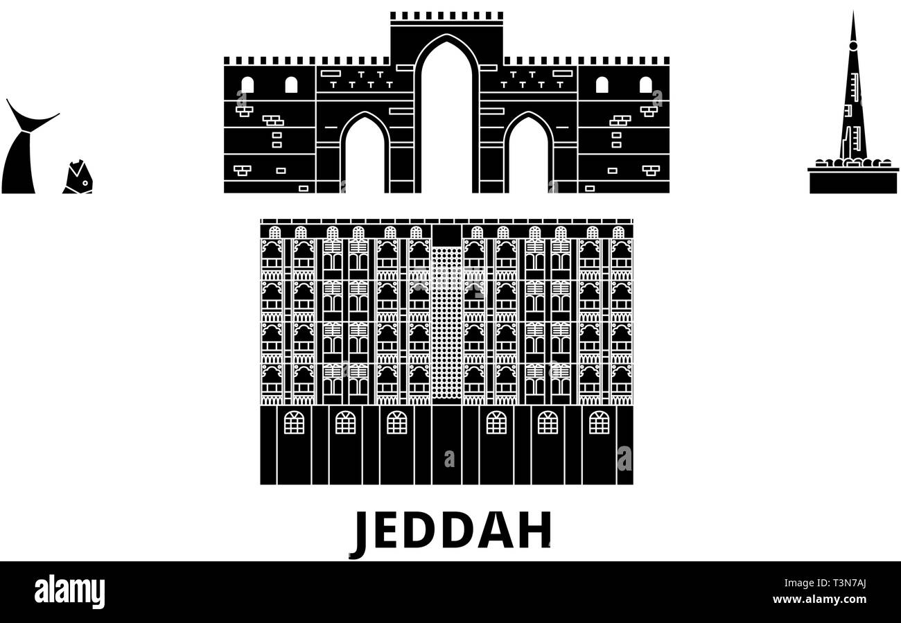Saudi Arabia, Jeddah flat travel skyline set. Saudi Arabia, Jeddah black city vector illustration, symbol, travel sights, landmarks. Stock Vector